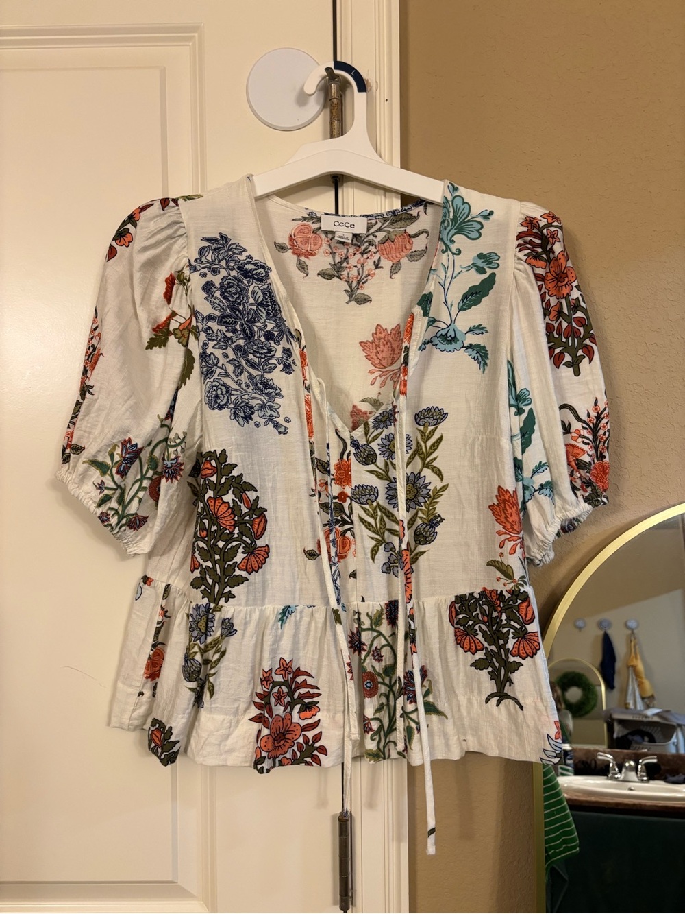 CeCe White Floral Tie-Front Peplum Top